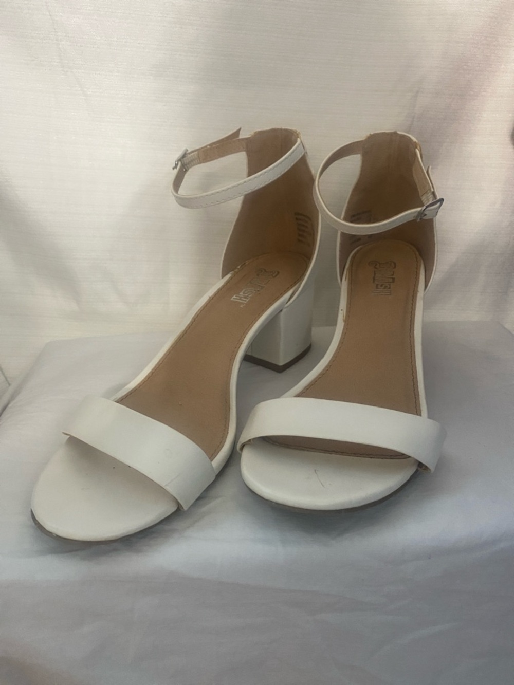 Brash White Ankle-Strap Block Heel Sandals